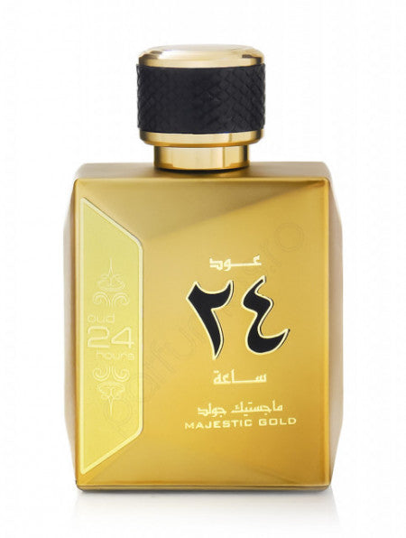 A bottle of Ard Al Zaafaran Oud 24 Hours Majestic Gold perfume with arabic writing on it.