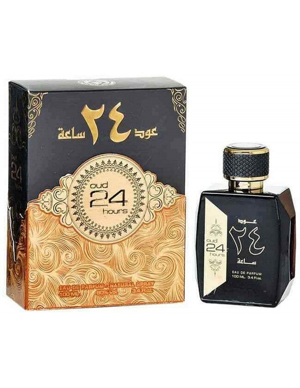 Load image into Gallery viewer, A bottle of Ard Al Zaafaran Oud 24 Hours perfume with a box next to it.
