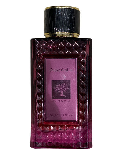 A bottle of Fragrance World Oud & Vanilla 100ml Eau de Parfum, topped with a luxurious gold lid.