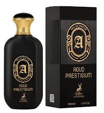 Load image into Gallery viewer, A bottle of Alhambra Aoud Prestigium 100ml Eau De Parfum by Mason Alhambra with a box next to it.
