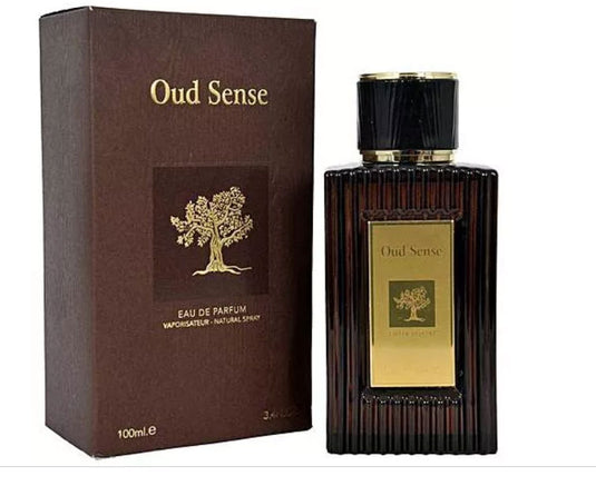 A box next to a bottle of Dubai Perfumes' Fragrance World Oud Sense 100ml Eau de Parfum cologne.