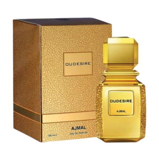 A gold box with a bottle of Rio Perfumes Oudesire 100ml Eau De Parfum.