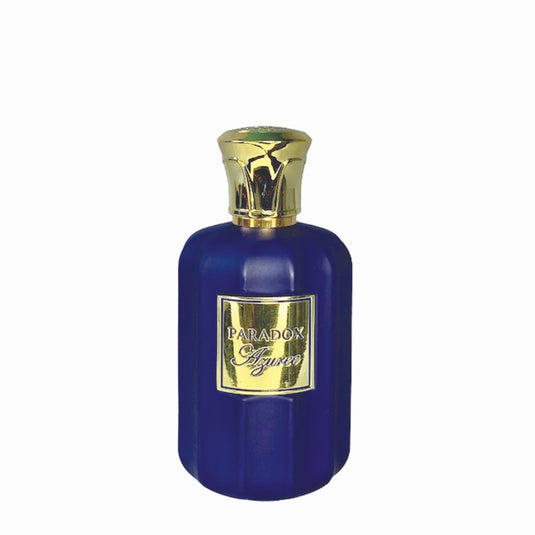 A bottle of Paris Corner Paradox Azuree 100ml Eau De Parfum with gold trim from Paris Corner.