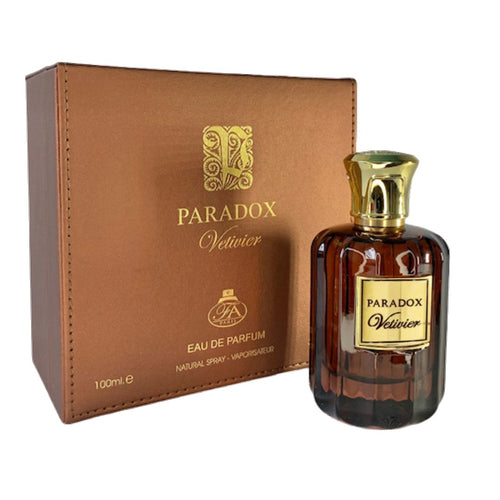 A box with a bottle of Paris Corner Paradox Vetivier cologne, 100ml Eau De Parfum, creating a unique and intoxicating scent permeated with Vetiver notes from Dubai Perfumes.