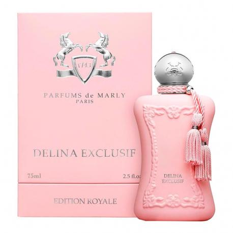 Parfums De Marly Delina Exclusif, a pink fragrance by Parfums De Marly, packaged elegantly in a pink box.