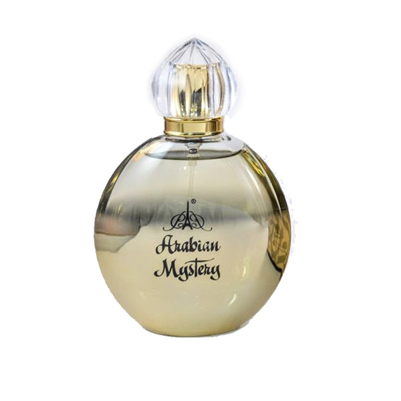 Load image into Gallery viewer, A bottle of Paris Corner Arabian Mystery 100ml Eau De Parfum with a gold lid, made by Dubai Perfumes.
