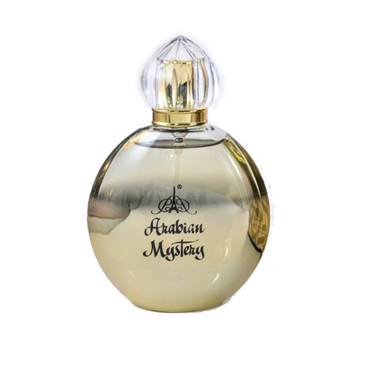 A bottle of Paris Corner Arabian Mystery 100ml Eau De Parfum with a gold lid, made by Dubai Perfumes.
