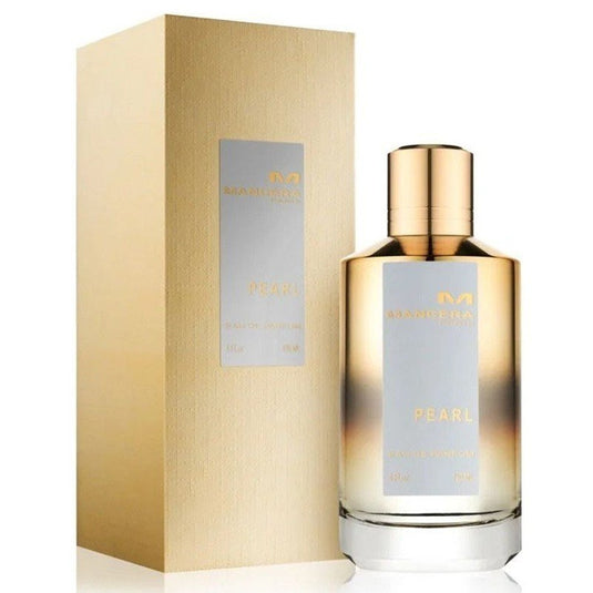 A bottle of Mancera Pearl 120ml Eau De Parfum by Mancera, a Fragrance for Men & Women, in front of a box.