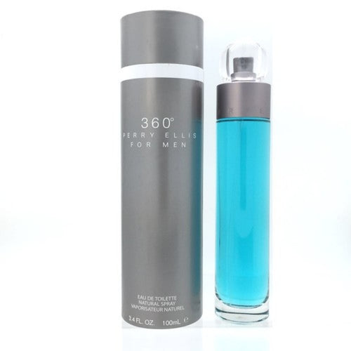 A bottle of Perry Ellis 360° For Men 100ml Eau De Toilette, a popular men's fragrance, elegantly displayed next to a box.