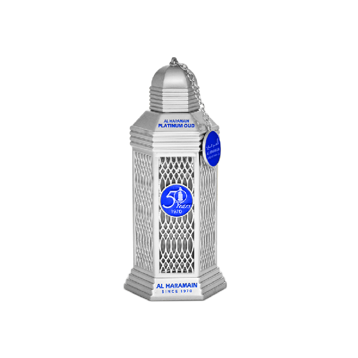 Load image into Gallery viewer, A silver bottle with a blue label on it, containing Al Haramain 50 Years Platinum Oud 100ml Eau De Parfum by Al Haramain.
