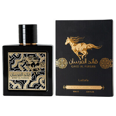 Load image into Gallery viewer, A bottle of Lattafa Qaed Al Fursan 90ml Eau de Parfum with a horse on it, by Dubai Perfumes.
