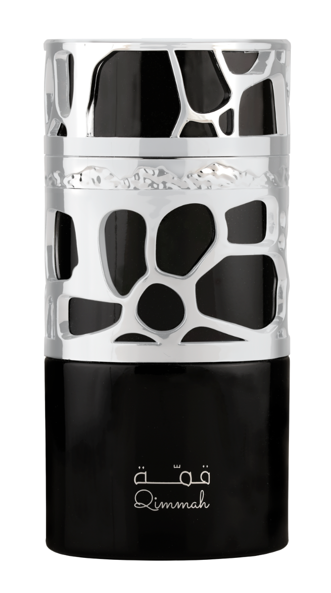 Load image into Gallery viewer, A black and white Lattafa Qimmah 100ml Eau de Parfum candle with an intricate pattern on it.
