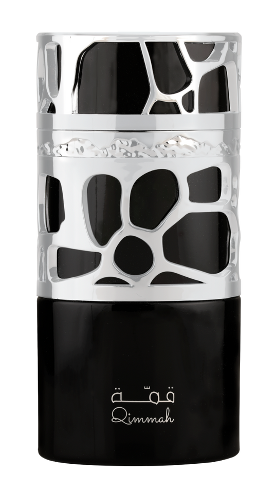 A black and white Lattafa Qimmah 100ml Eau de Parfum candle with an intricate pattern on it.