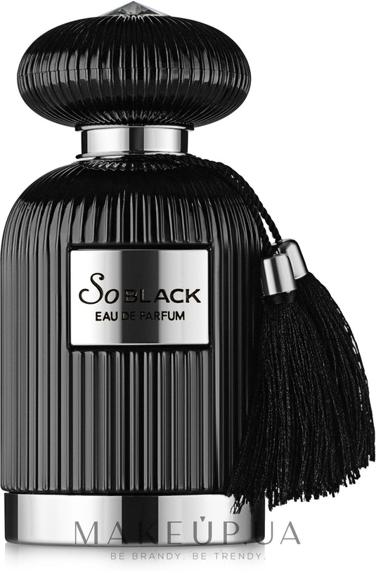 A bottle of Fragrance World So Black Night Touch 100ml Eau de Parfum perfume with a fragrance and tassel.