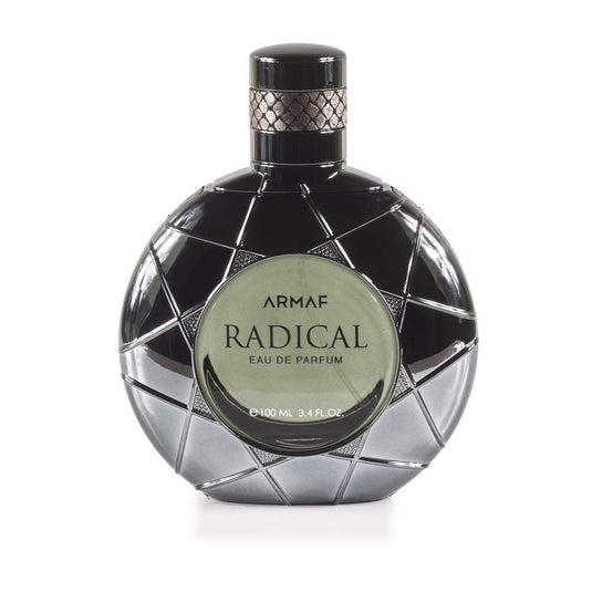 A bottle of Armaf Radical Pour Homme 100ml Eau De Parfum against a white background, radiating a fruity sweet fragrance.