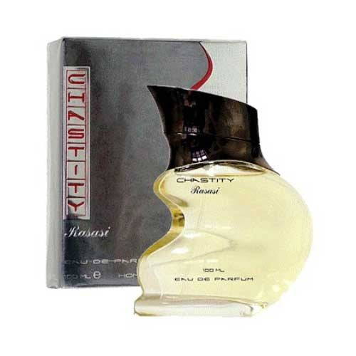 A bottle of Rasasi Chastity Pour Homme 100ml EDP displayed alongside a box from Rio Perfumes.