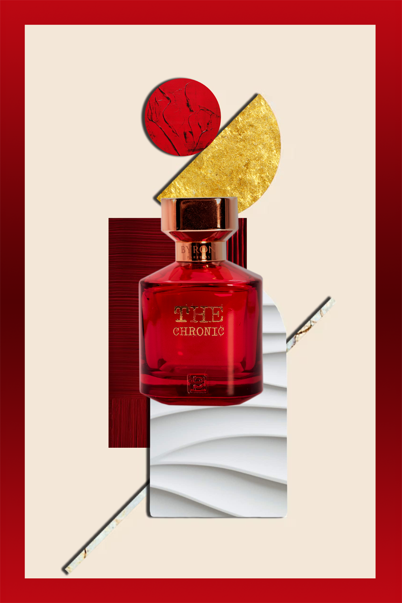Load image into Gallery viewer, A bottle of Byron Parfums Parfums The Chronic 75ml Extrait De Parfum from Byron Parfums on a red background.
