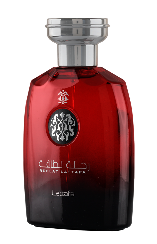 A bottle of Lattafa Rehlat 100ml Eau de Parfum by Lattafa on a black background.