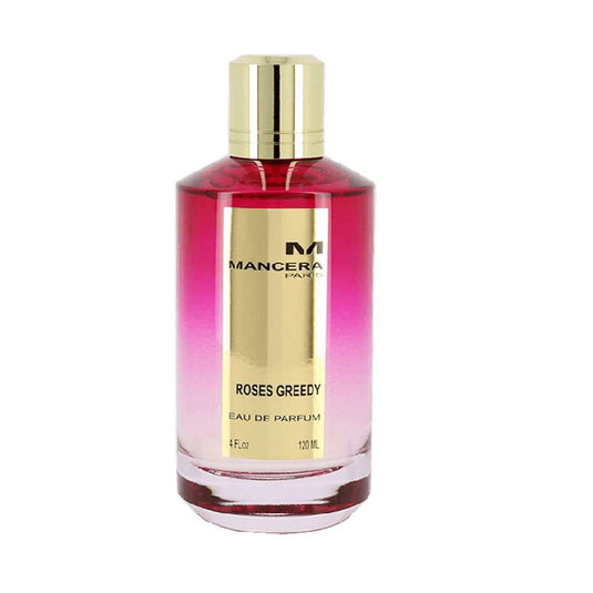 A 120ml bottle of Mancera Roses Greedy Eau De Parfum on a white background, available at Rio Perfumes.