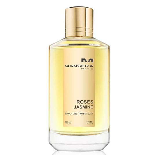 A bottle of Mancera Roses Jasmine 120ml Eau De Parfum fragrance for women and men.