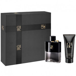 A black gift set featuring a bottle and tube of Carolina Herrera CH Men Prive 100ml EDT Gift Set by Carolina Herrera, renowned for its captivating fragrance.