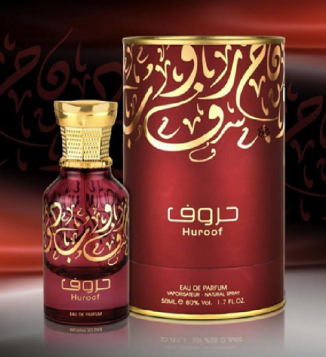 An Ard Al Zaafaran Huroof 50ml Eau De Parfum bottle on a red background.