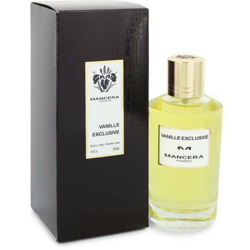 A box of Mancera Vanille Exclusive 120ml EDP fragrance next to a bottle of perfume.
