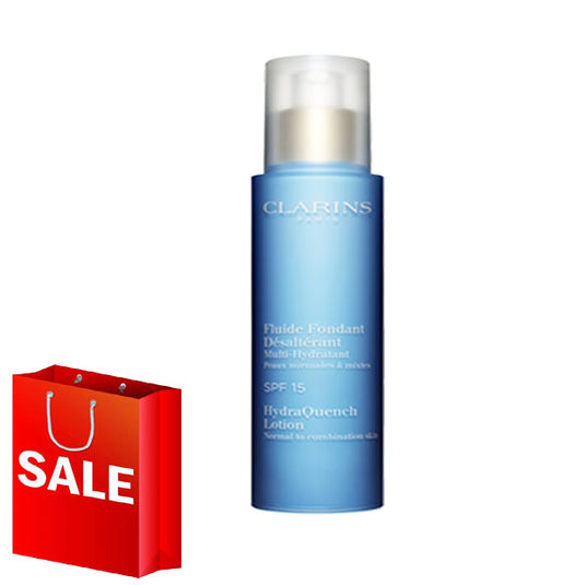 CLARINS HYDRA QUENCH LOTION SPF 15 50ML hydrating serum paired with a shopping bag.