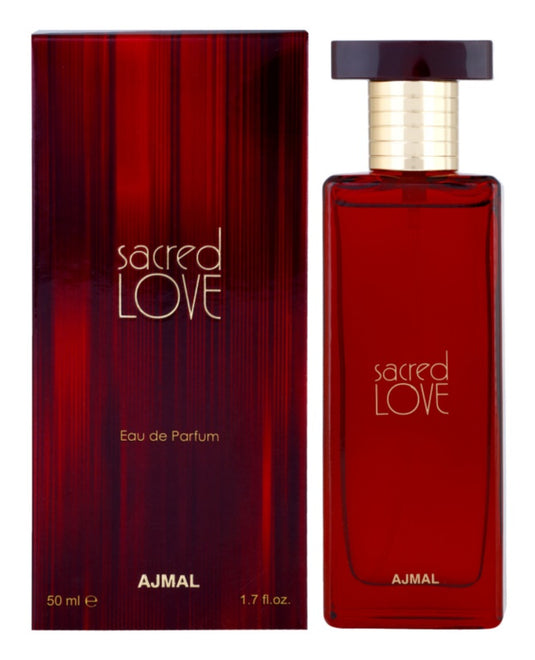 A bottle of Ajmal Sacred Love 50ml Eau De Parfum available at Rio Perfumes.