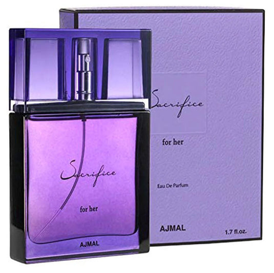 Rio Perfumes offers a purple box containing a 50ml bottle of Ajmal Sacrifice for Her  Eau De Parfum.