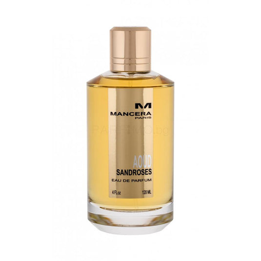 A bottle of Mancera Aoud SandRoses 120ml Eau De Parfum on a white background.