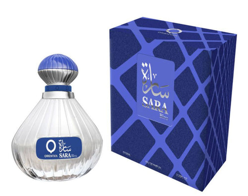 A bottle of Orientica Sara Bleu 100ml Eau de Parfum with a blue box next to it.