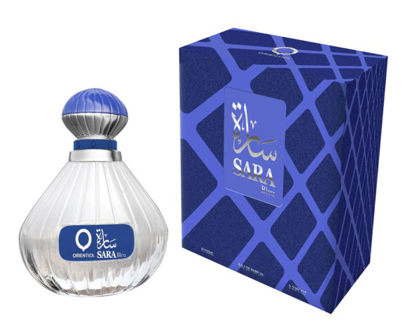 Load image into Gallery viewer, A bottle of Orientica Sara Bleu 100ml Eau de Parfum with a blue box next to it.
