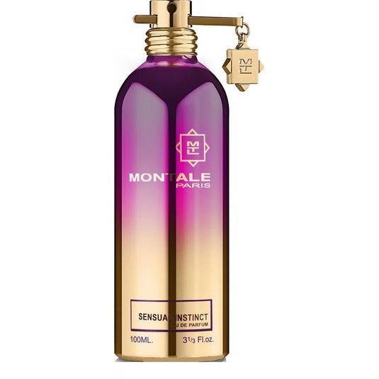 A Montale Paris Sensual Instinct fragrance in a purple and gold Montale Paris bottle.