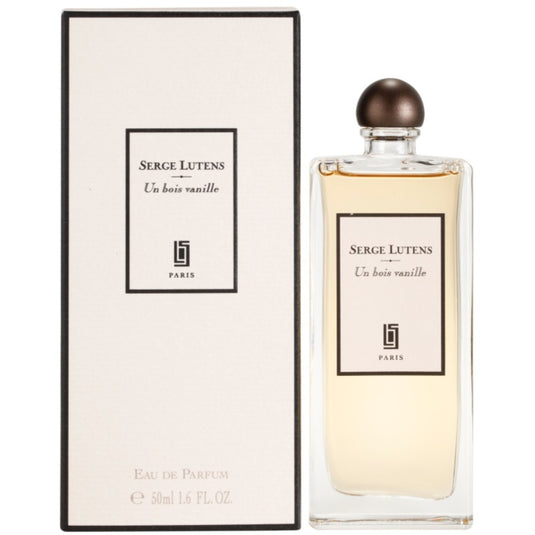 A bottle of Serge Lutens Un Bois Vanille 50ml Eau De Parfum from Rio Perfumes with a box in front of it.