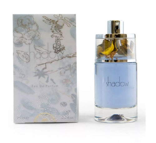 An Ajmal Shadow 75ml Eau De Parfum bottle with an Ajmal box next to it, available at Rio Perfumes.