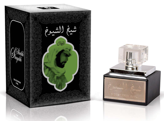 A bottle of Lattafa Sheikh Al Shuyukh fragrance with an image of a man in front of it.
