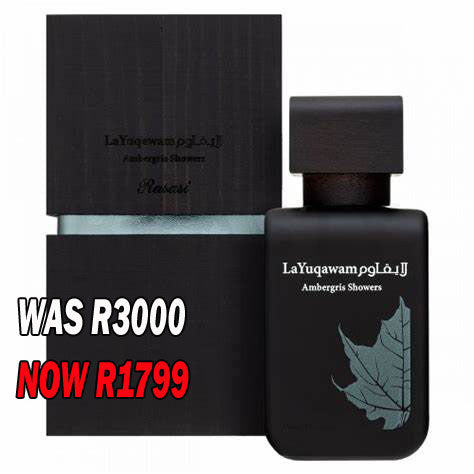 A black box containing Rasasi LaYuqawarm AMBERGRIS SHOWERS 75ml EDP, a captivating edp fragrance for men.