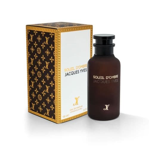 A bottle of Fragrance World Soleil D'Ombre Jacques Yves 100ml Eau de Parfum in front of a box.
