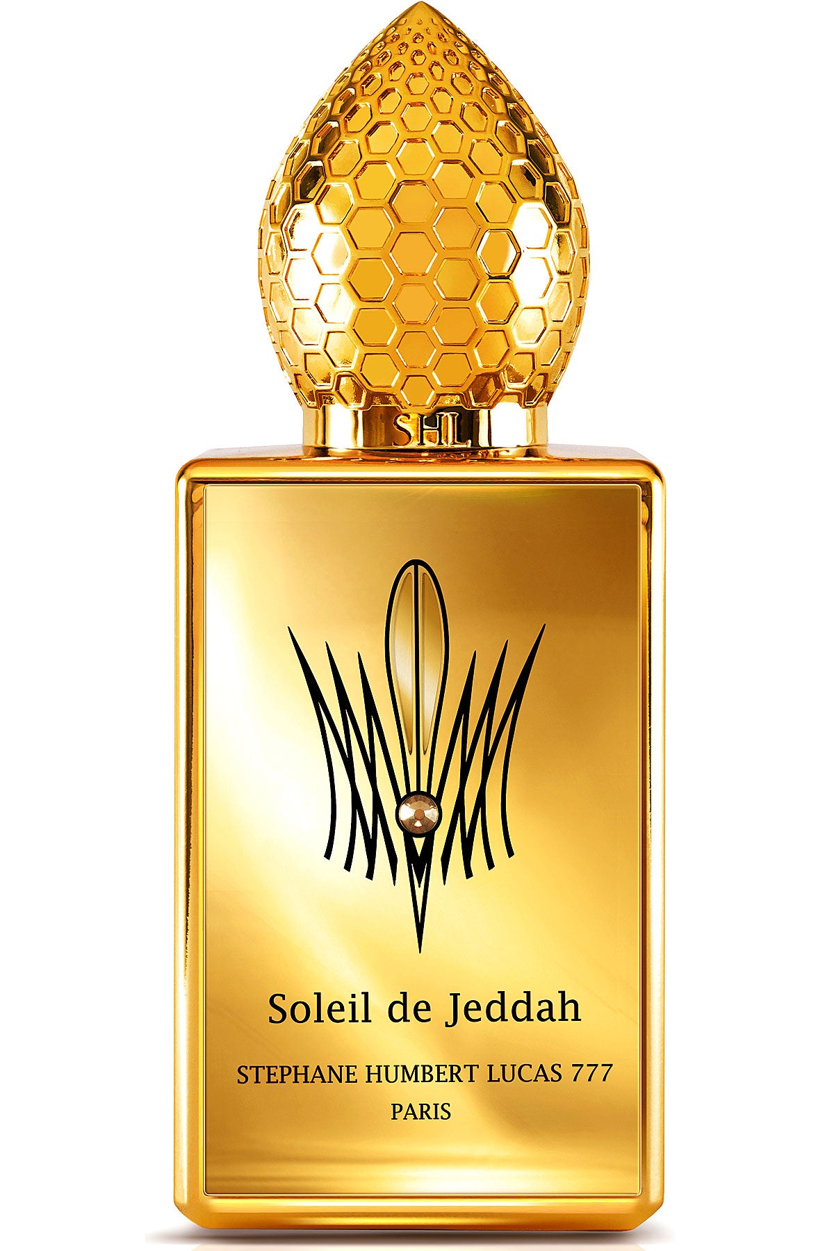 The golden Stephane Humbert Lucas 777 Soleil De Jeddah Eau De Parfum bottle has a geometric honeycomb-patterned cap and a black emblem, inspired by the Middle East. Suitable for both men and women seeking exotic allure.