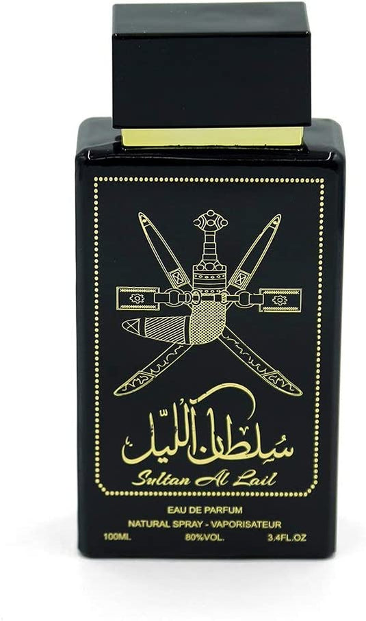 A bottle of Wadi Siji Sultan Al Lail 100ml Eau de Parfum by Dubai Perfumes with gold writing on it.