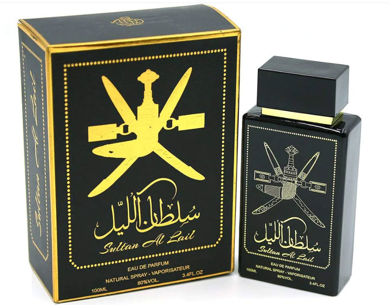 Load image into Gallery viewer, A Dubai Perfumes men&#39;s fragrance bottle of Wadi Siji Sultan Al Lail 100ml Eau de Parfum next to a box.
