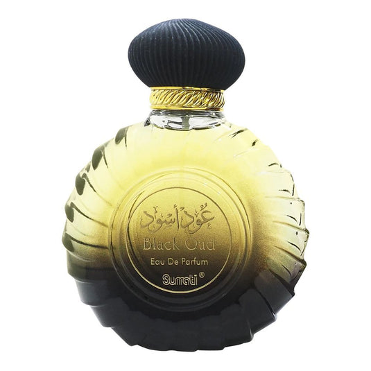 A bottle of Dubai Perfumes' Surrati Black Oud 100ml Eau De Parfum on a white background.