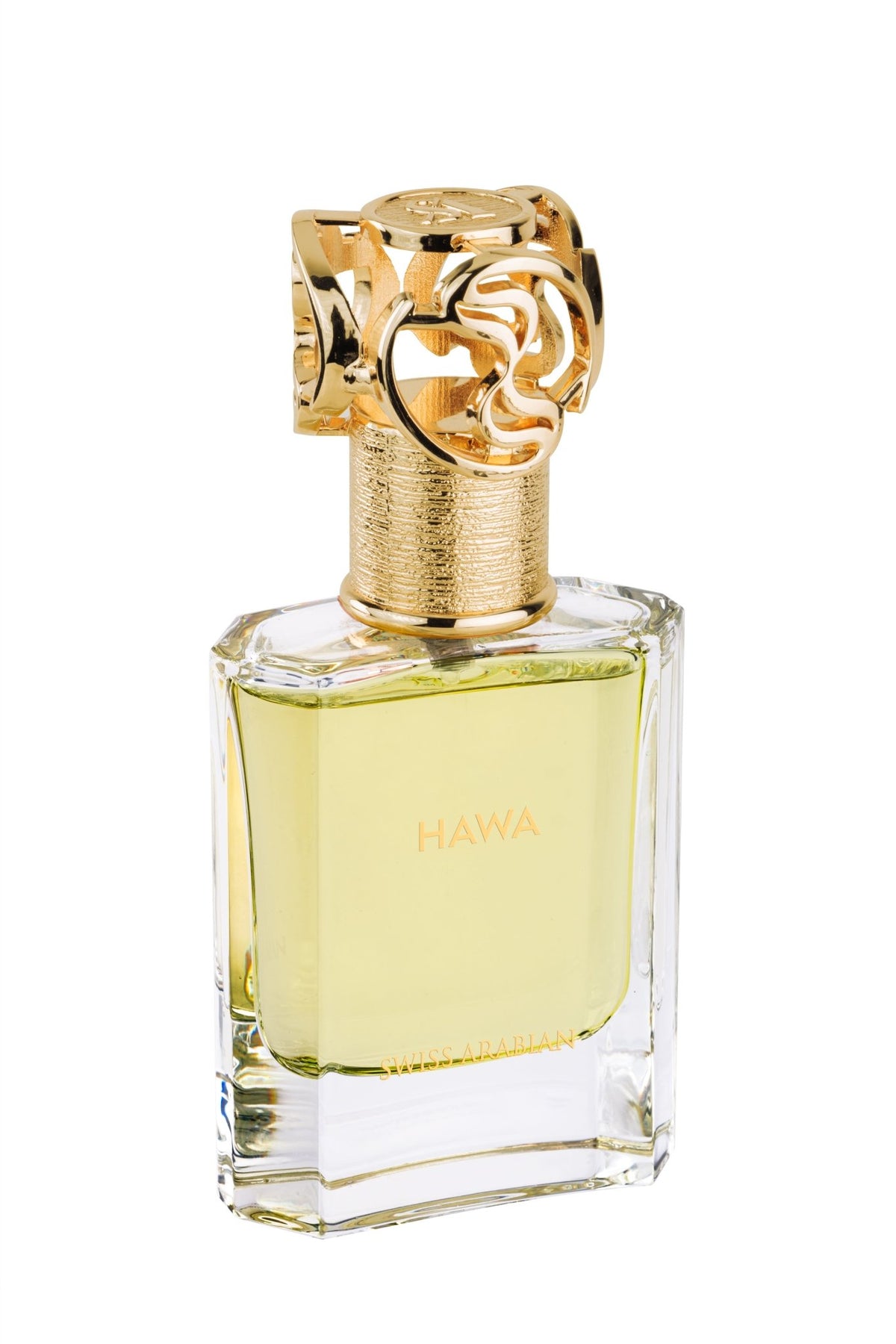 A clear glass bottle of Swiss Arabian Hawa Extrait De Parfum, adorned with gold lettering and filled with yellow liquid, features an ornate gold cap and sits against a white background—an elegant display of this amber floral fragrance by Swiss Arabian.