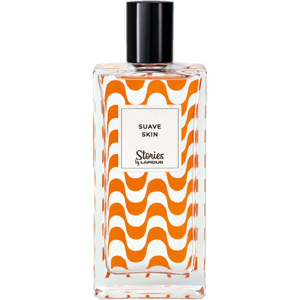 Lapidus Stories Suave Skin 100ml EDT by Ted Lapidus is a women’s fragrance in a rectangular glass bottle with orange wavy stripes and a black cap, reflecting the elegance of the brand.