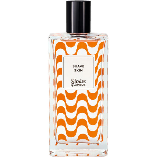 A fashionable bottle of Stories by Lapidus Suave Skin, 100ml Eau De Toilette in a striking orange and white striped design.