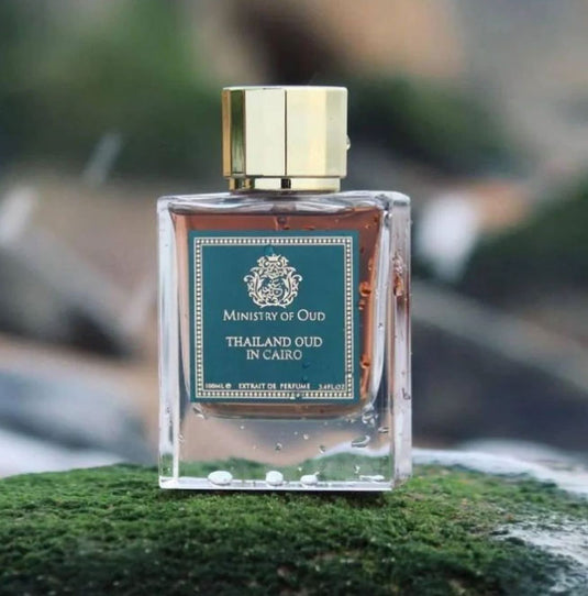 A bottle of Paris Corner Ministry of Oud Thailand Oud in Cairo 100ml Extrait de Perfume, infused with the essence of Oud, sitting on top of moss.