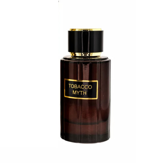 A bottle of Fragrance World Tobacco Myth 100ml Eau De Parfum by Fragrance World on a white background.