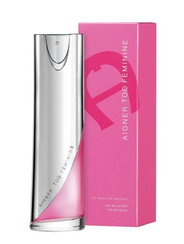 An Aigner pink bottle with an Etienne Aigner Too Feminine 100ml Eau De Parfum pink box in front of it, from Rio Perfumes.