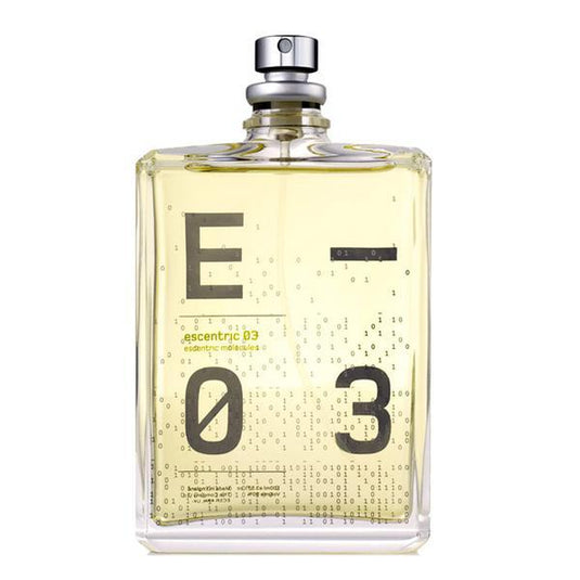 A bottle of Escentric Molecules Escentric 03 100ml cologne for Rio Perfumes on a white background.